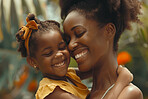 African woman, hug and girl happy together, mothers day and appreciation with love in nature. Embrace, child and bonding for care with black family on vacation, cheerful and affection with parent