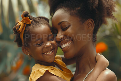 African woman, hug and girl happy together, mothers day and appreciation with love in nature. Embrace, child and bonding for care with black family on vacation, cheerful and affection with parent