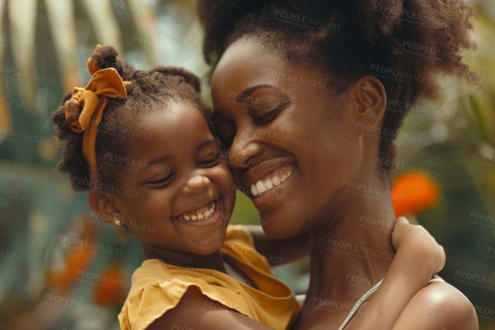 Buy stock photo African woman, hug and girl happy together, mothers day and appreciation with love in nature. Embrace, child and bonding for care with black family on vacation, cheerful and affection with parent