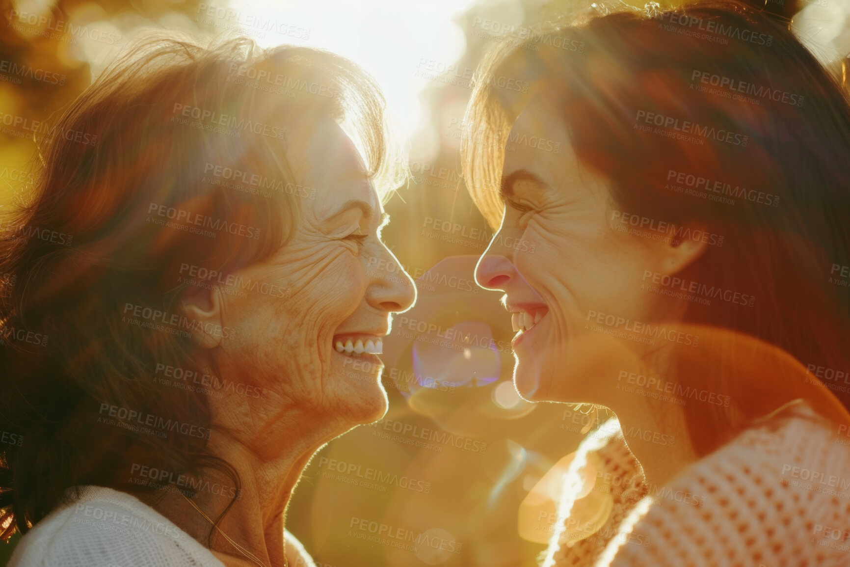 Buy stock photo Happy, love or smile with mom and daughter outdoor in forest for autumn mothers day celebration. Face, family or together with woman parent and adult child bonding in garden or park for relationship