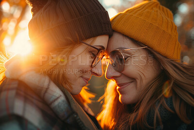 Buy stock photo Face, happy or smile with mom and daughter outdoor in forest for autumn mothers day celebration. Family, love or together with woman parent and adult child bonding in garden or park for relationship