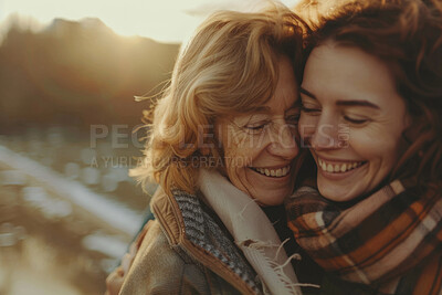 Buy stock photo Family, happy or smile with mom and daughter outdoor in forest for autumn mothers day celebration. Face, love or together with senior parent and woman bonding in garden or park for relationship