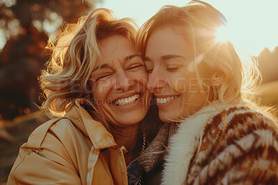 Face, love or smile with mom and daughter outdoor in forest for autumn mothers day celebration. Family, happy or together with woman parent and adult child bonding in garden or park for relationship