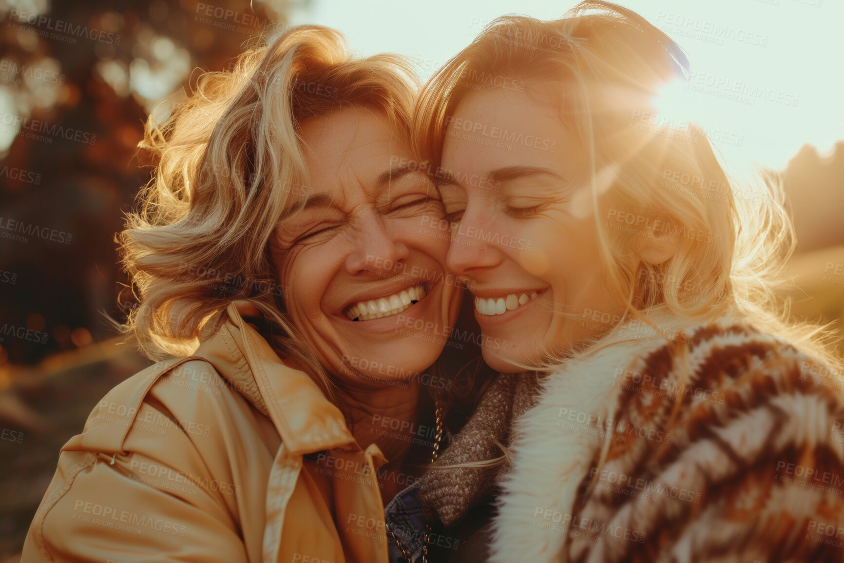 Buy stock photo Face, love or smile with mom and daughter outdoor in forest for autumn mothers day celebration. Family, happy or together with woman  and mature parent bonding in garden or park for relationship