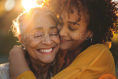 Face, hug or smile with mom and daughter outdoor in forest for autumn mothers day celebration. Family, happy or together with senior parent and adult child bonding in garden or park for relationship