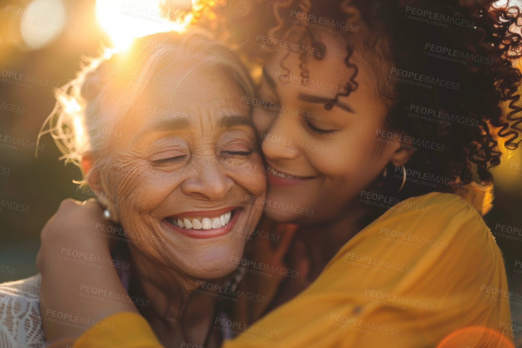 Buy stock photo Face, hug or smile with mom and daughter outdoor in forest for autumn mothers day celebration. Family, happy or together with senior parent and woman bonding in garden or park for relationship