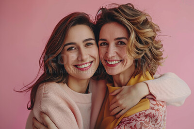 Buy stock photo Mom, daughter and happy on portrait in studio on pink background with hug for mothers day, appreciation and support. Parent, child and smile with care, love and affection with confidence as family