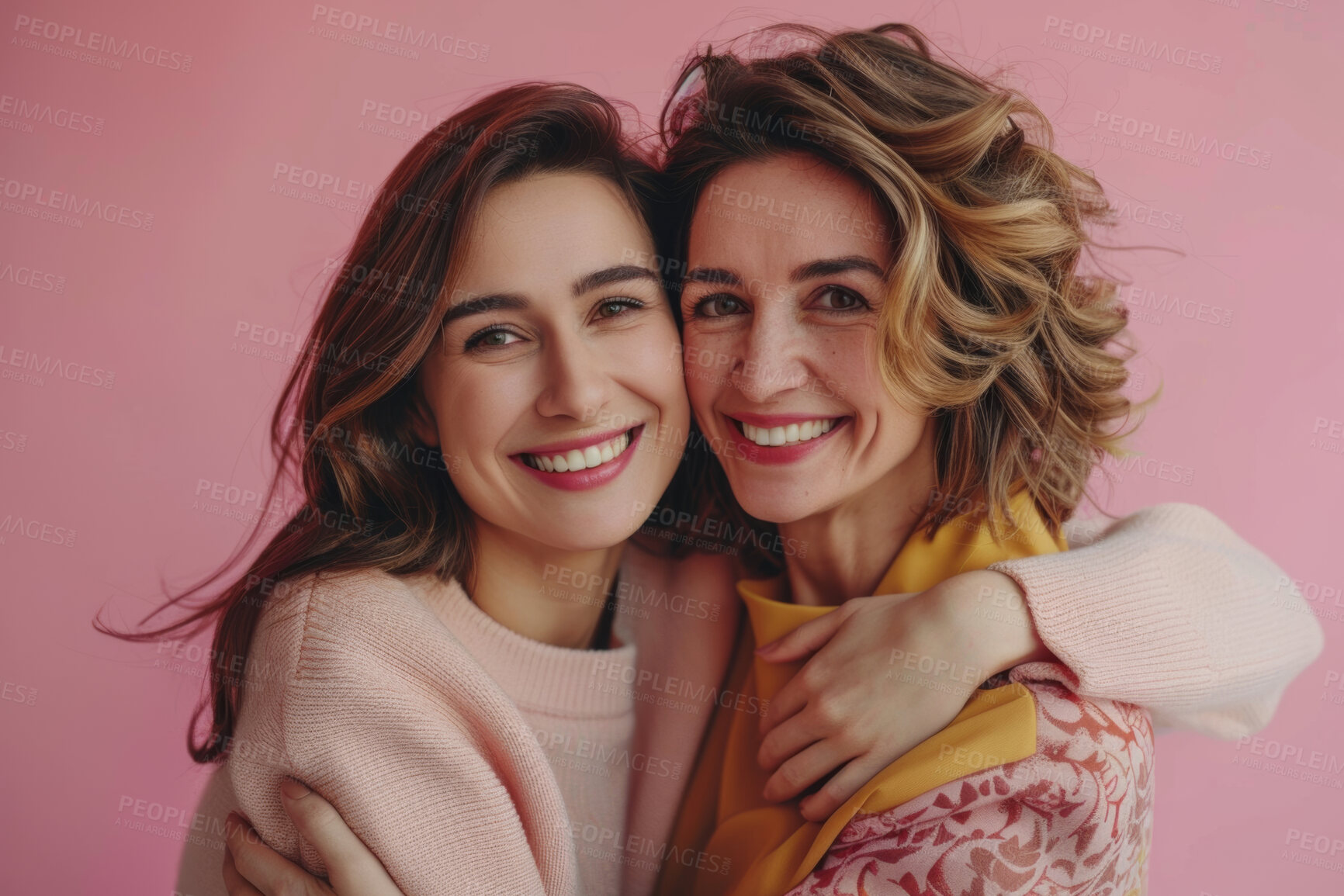 Buy stock photo Mom, daughter and happy on portrait in studio on pink background with hug for mothers day, appreciation and support. Parent, child and smile with care, love and affection with confidence as family