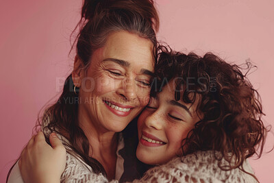 Buy stock photo Mom, girl and happy with hug in studio on pink background for mothers day, appreciation and support. Closeup, parent, and daughter with smile for care, love and affection for joy, satisfied as family