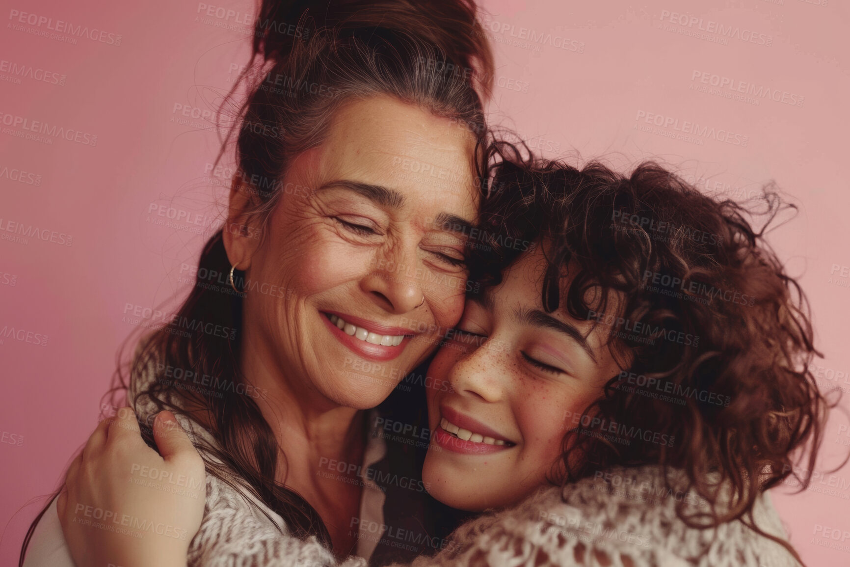 Buy stock photo Mom, girl and happy with hug in studio on pink background for mothers day, appreciation and support. Closeup, parent, and daughter with smile for care, love and affection for joy, satisfied as family