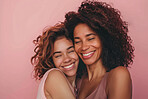 Mom, girl and smile with gratitude in studio on pink background with hug for mothers day, appreciation and support. Parent, daughter and smile with care, love and affection or eyes closed as family