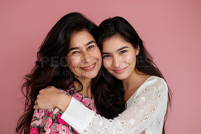 Mom, daughter and smile in studio with portrait for happiness or bonding for family with mature or gen z. Motherhood, respect and relationship with fashion, pink background and love in confidence