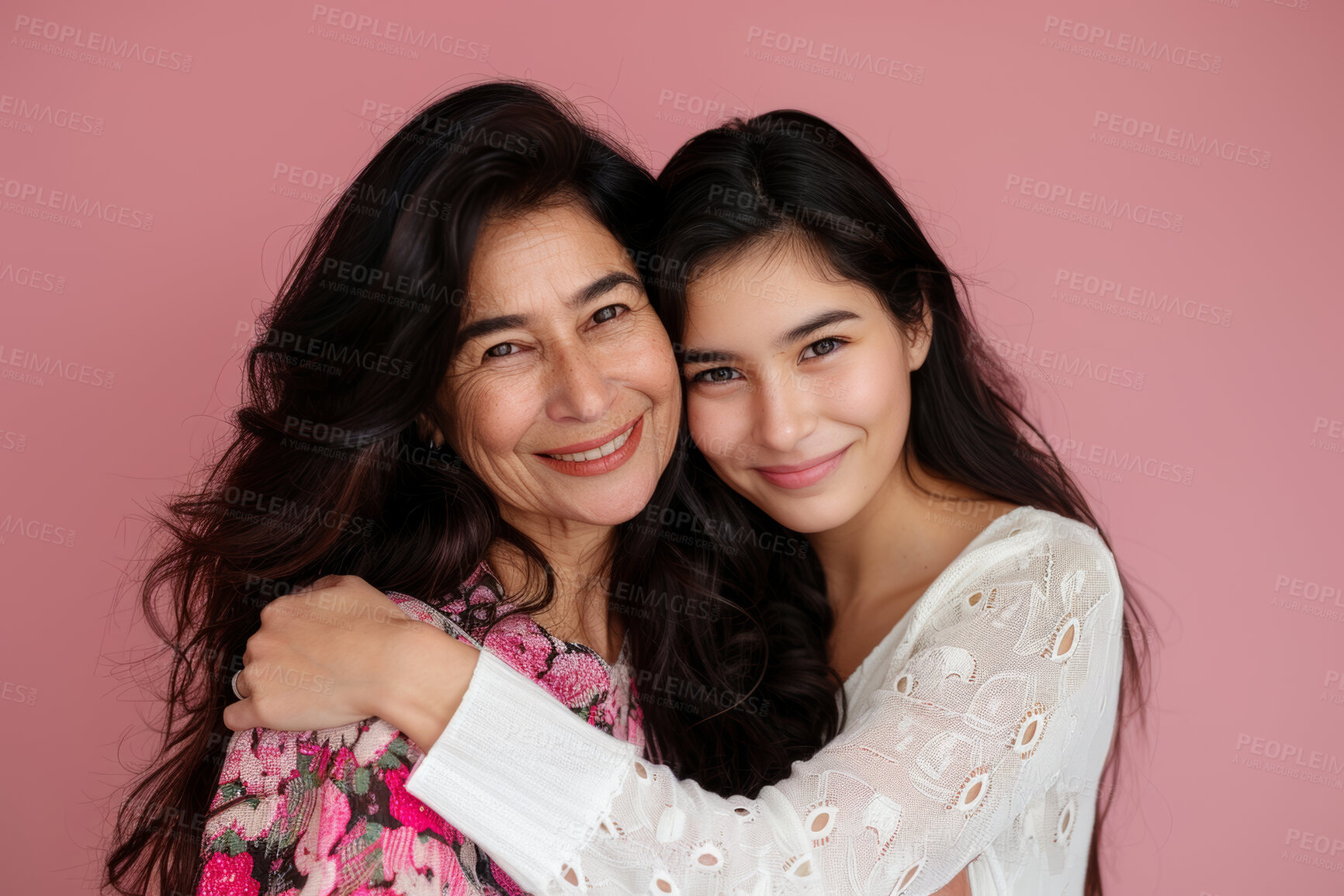 Buy stock photo Mom, daughter and smile in studio with portrait for happiness or bonding for family with mature or girl. Motherhood, respect and relationship with hug, pink background and love in confidence