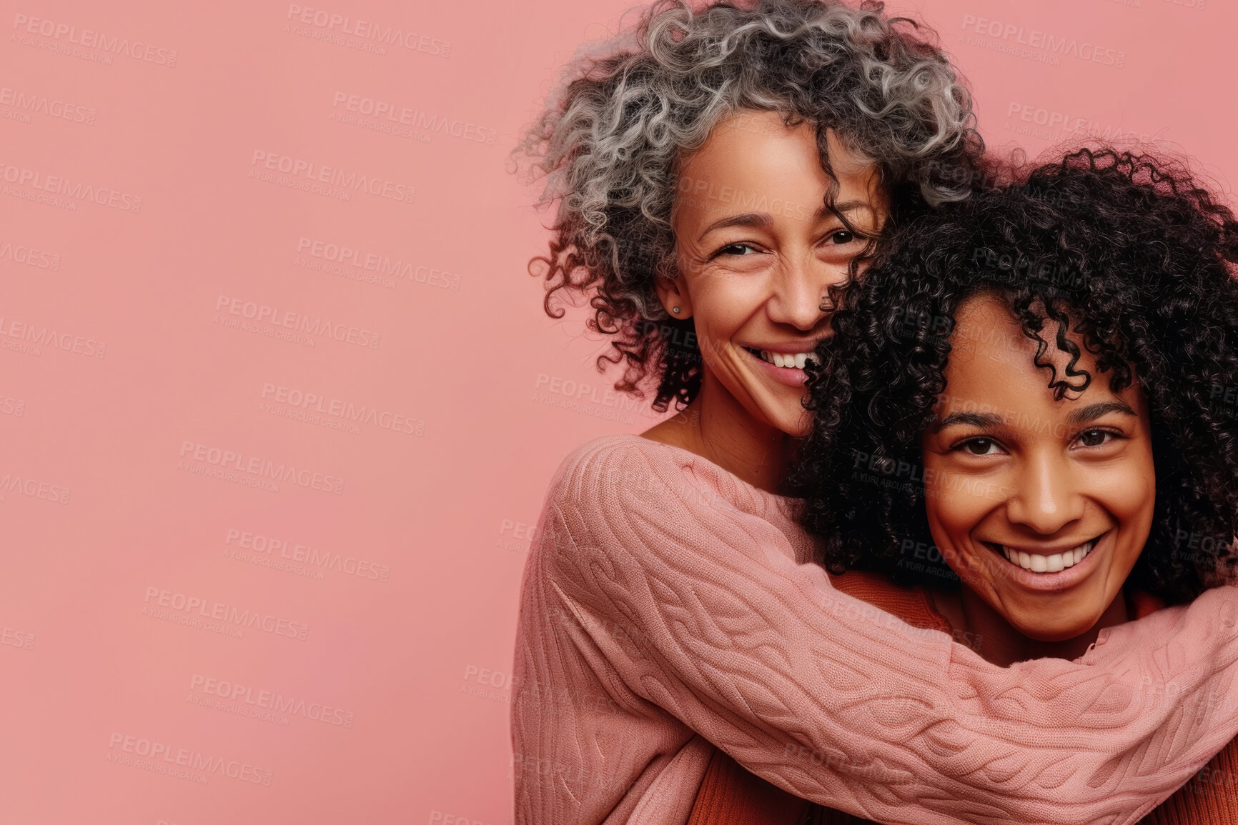 Buy stock photo Mom, girl and smile on portrait in studio on pink background with hug for mothers day, appreciation and support. Parent, daughter and happy with care and love as Brazilian family with mockup space