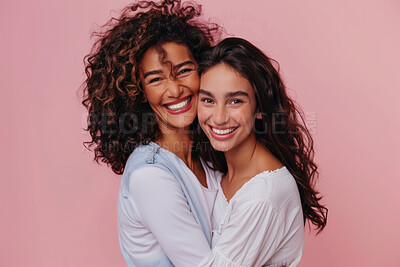 Buy stock photo Mom, girl and happiness on portrait in studio on pink background with hug for mothers day, appreciation and support. Parent, daughter and smile with care, love and affection with joy as family