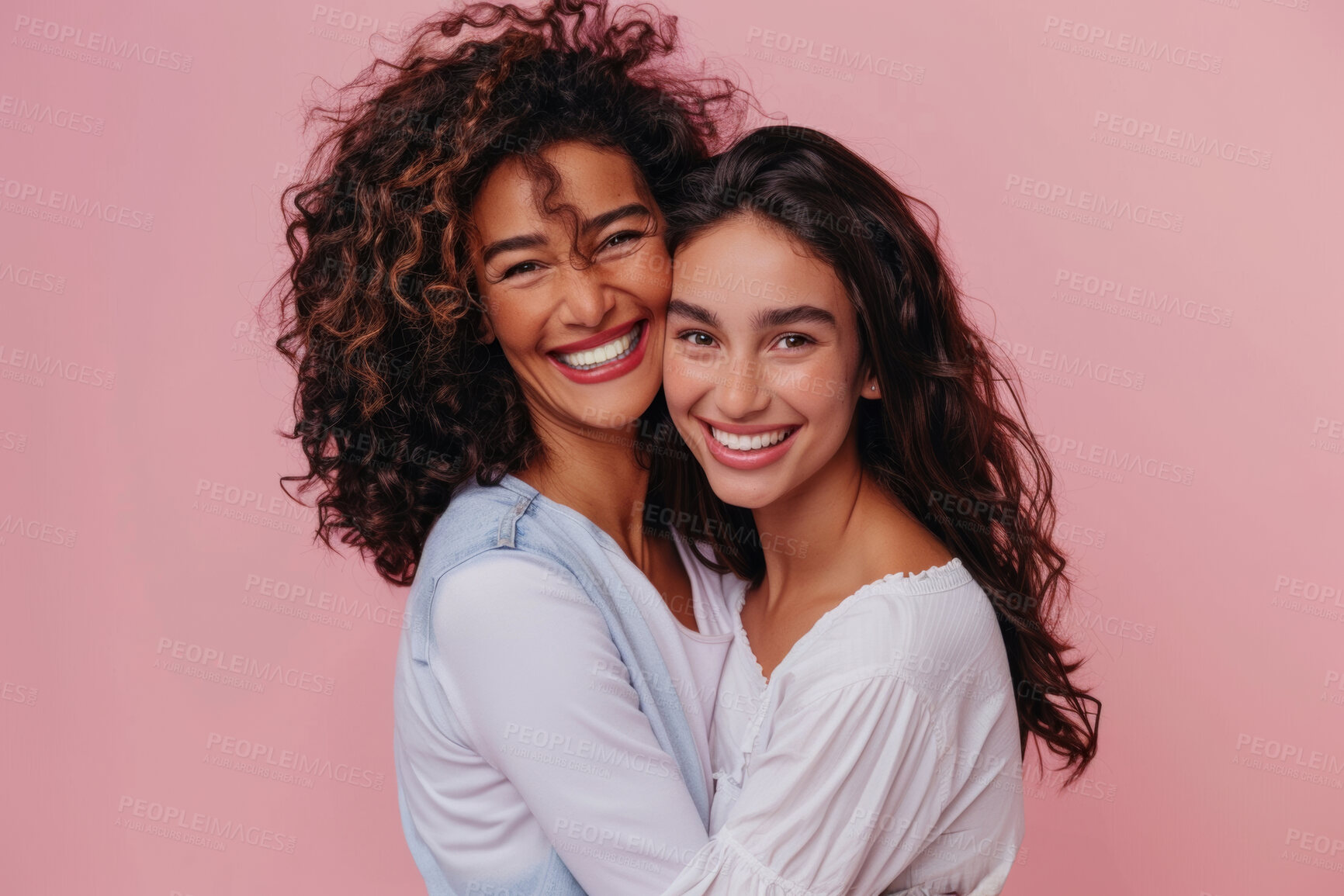 Buy stock photo Mom, girl and happiness on portrait in studio on pink background with hug for mothers day, appreciation and support. Parent, daughter and smile with care, love and affection with joy as family