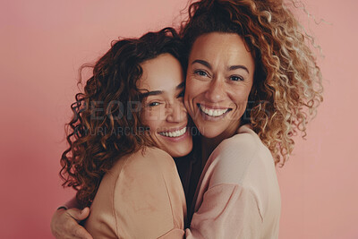 Buy stock photo Smile, hug and portrait of lesbian couple in studio with love, care and lgbtq relationship. Happy, happy and queer women embracing for bonding, pride and support together isolated by pink background.