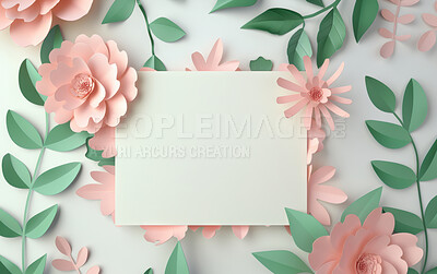 Buy stock photo Abstract, blank paper and mockup with pink flowers with leaves for writing or love letter. Creative, nature and note with floral design, custom birthday card and thank you or wedding invitation