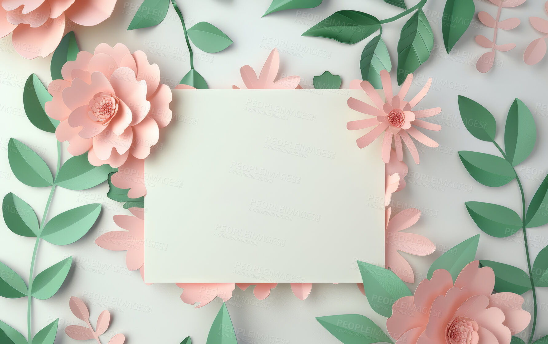 Buy stock photo Abstract, blank paper and mockup with pink flowers with leaves for writing or love letter. Creative, nature and note with floral design, custom birthday card and thank you or wedding invitation