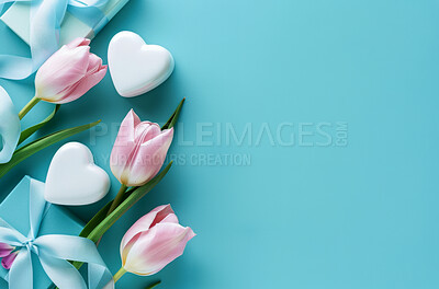 Flowers, present and heart with mockup space on blue background for valentines day or birthday with pink tulips. Banner, template and writing or mothers day card with thank you, empty and white.