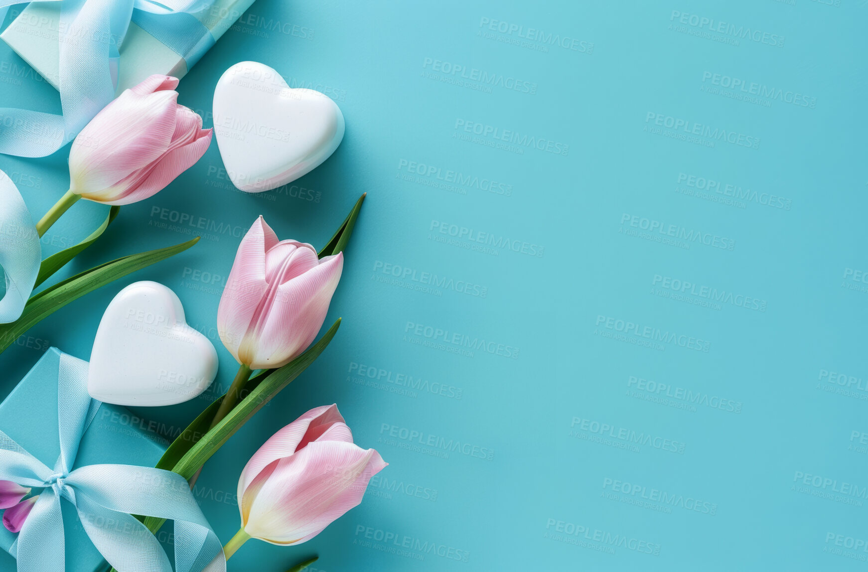 Buy stock photo Flowers, present and heart with mockup space on blue background for valentines or event with pink tulips. Banner, template and writing or mothers day card with thank you, empty and save the date