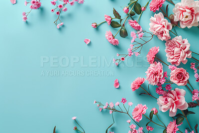 Buy stock photo Flowers, mockup space and blue background with banner for valentines or birthday with pink daisy. Colorful, template and leaves for mothers day card with thank you, empty and floral wallpaper