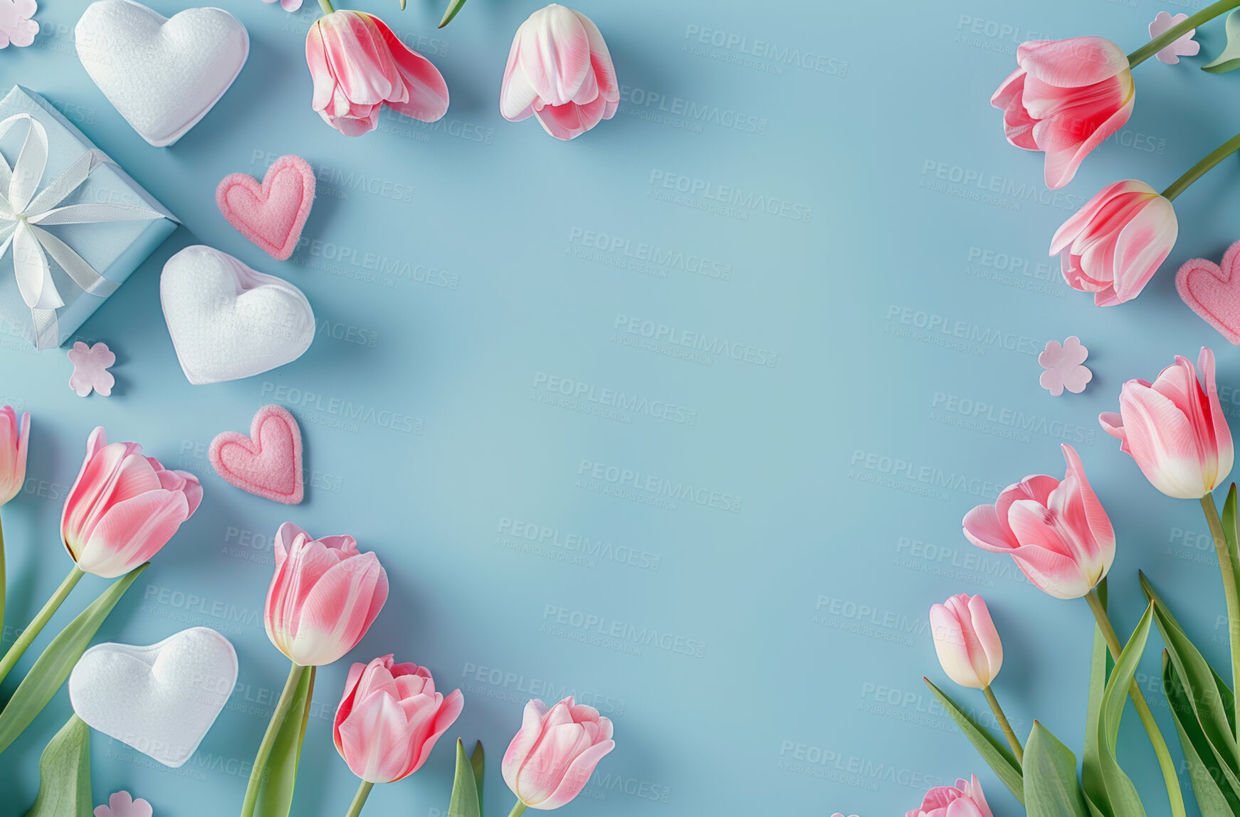 Buy stock photo Blue background, mockup space and heart with flowers for valentines or mothers day, birthday and pink tulips. Decoration, template and gift box with card for thank you, empty and special present