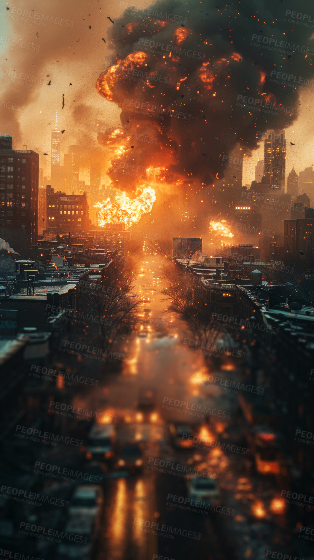 Buy stock photo Fire, city and explosion for danger, destruction and burning energy with smoke. Inferno, fireball and thermal glow with armageddon, orange flare or fuel for hell flame or chaos disaster wallpaper