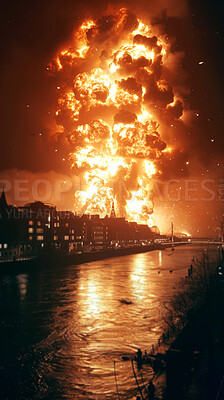 Buy stock photo House explosion, night and fire smoke with apocalypse for nuclear war, disaster management and mushroom cloud. Urban city, dark river and orange flames with atom bomb for violence and arson in London