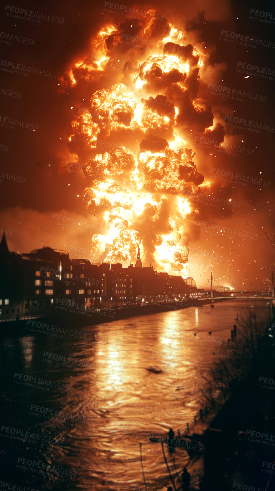 Buy stock photo House explosion, night and fire smoke with apocalypse for nuclear war, disaster management and mushroom cloud. Urban city, dark river and orange flames with atom bomb for violence and arson in London