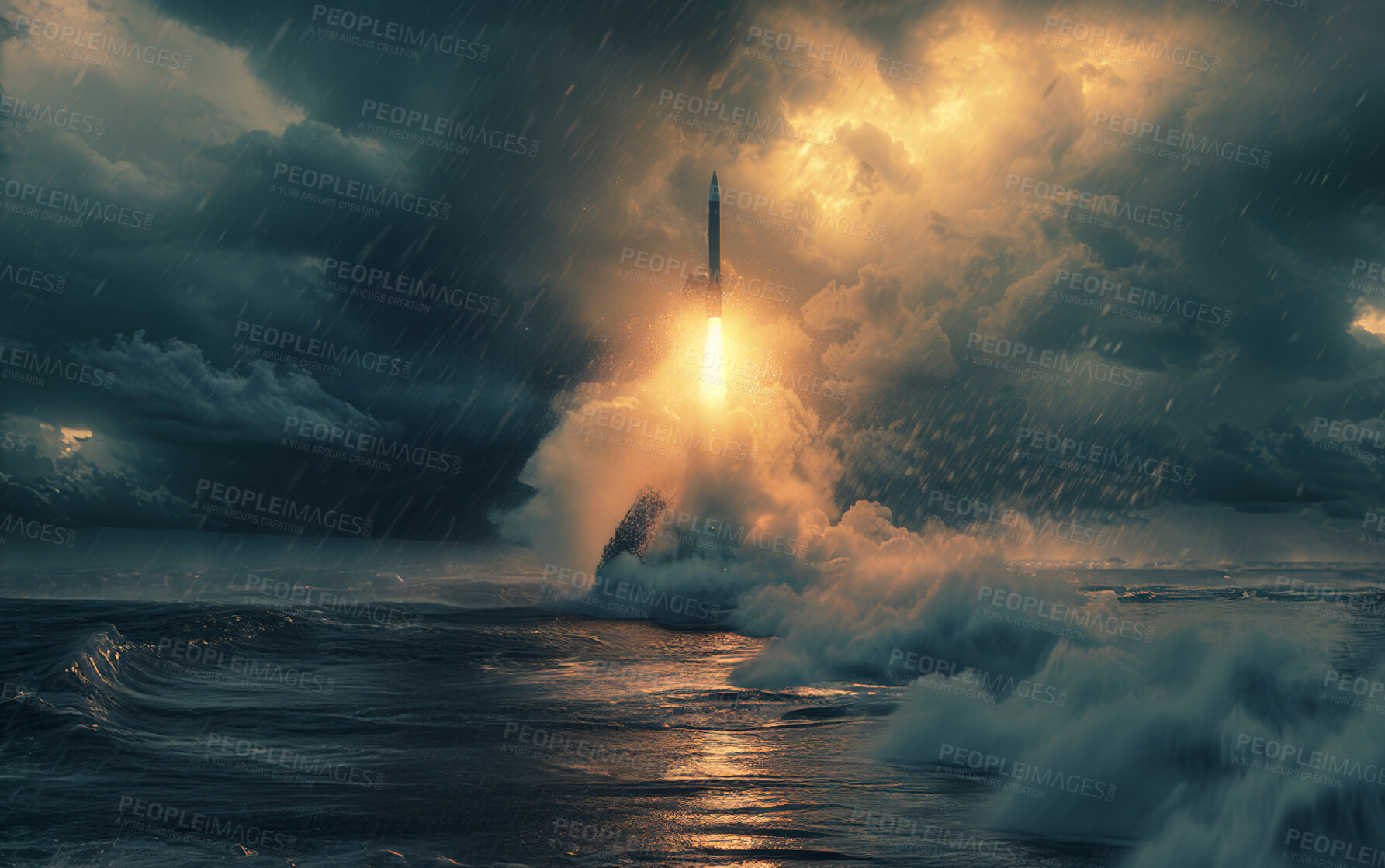 Buy stock photo Sky, rocket and spacecraft in ocean with smoke for space or satellite exploration, light and fast. Beach, scientific and launch spaceship for research, futurist and discovery with fire or blast