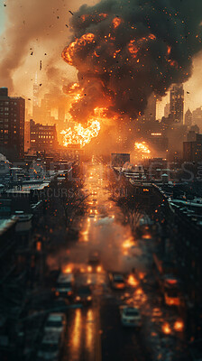 Buy stock photo Inferno, city and explosion for danger, destruction and burning energy with smoke. Fire, fireball and thermal glow with orange flare, armageddon or fuel for hell flame or chaos disaster wallpaper