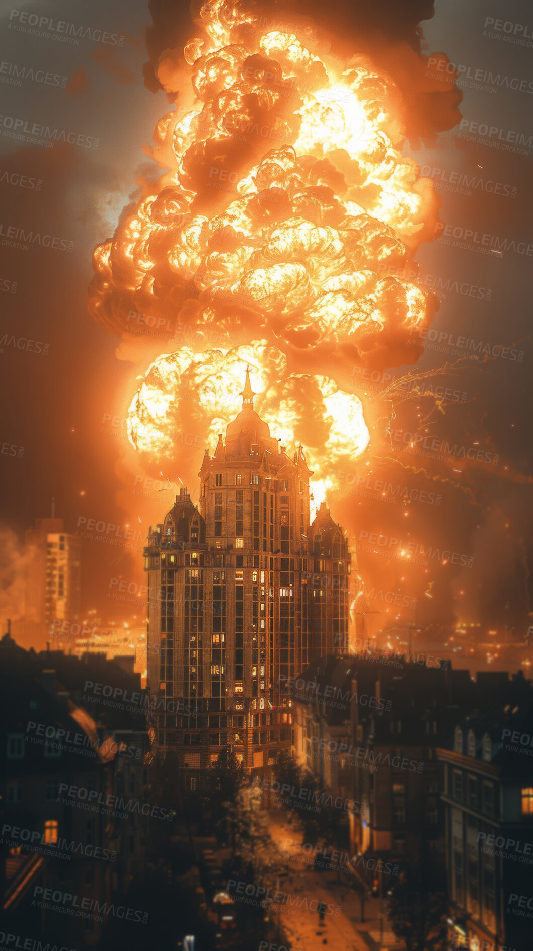 Buy stock photo Nuclear explosion, city night and building fire with apocalypse for war disaster, crisis management and mushroom cloud. Urban town, dark and orange flames with atom bomb for violence and arson in USA