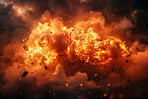 Inferno, abstract and explosion for danger, destruction and burning energy with smoke. Fire, fireball and thermal glow with orange flare, background or fuel for hell flame or chaos disaster wallpaper