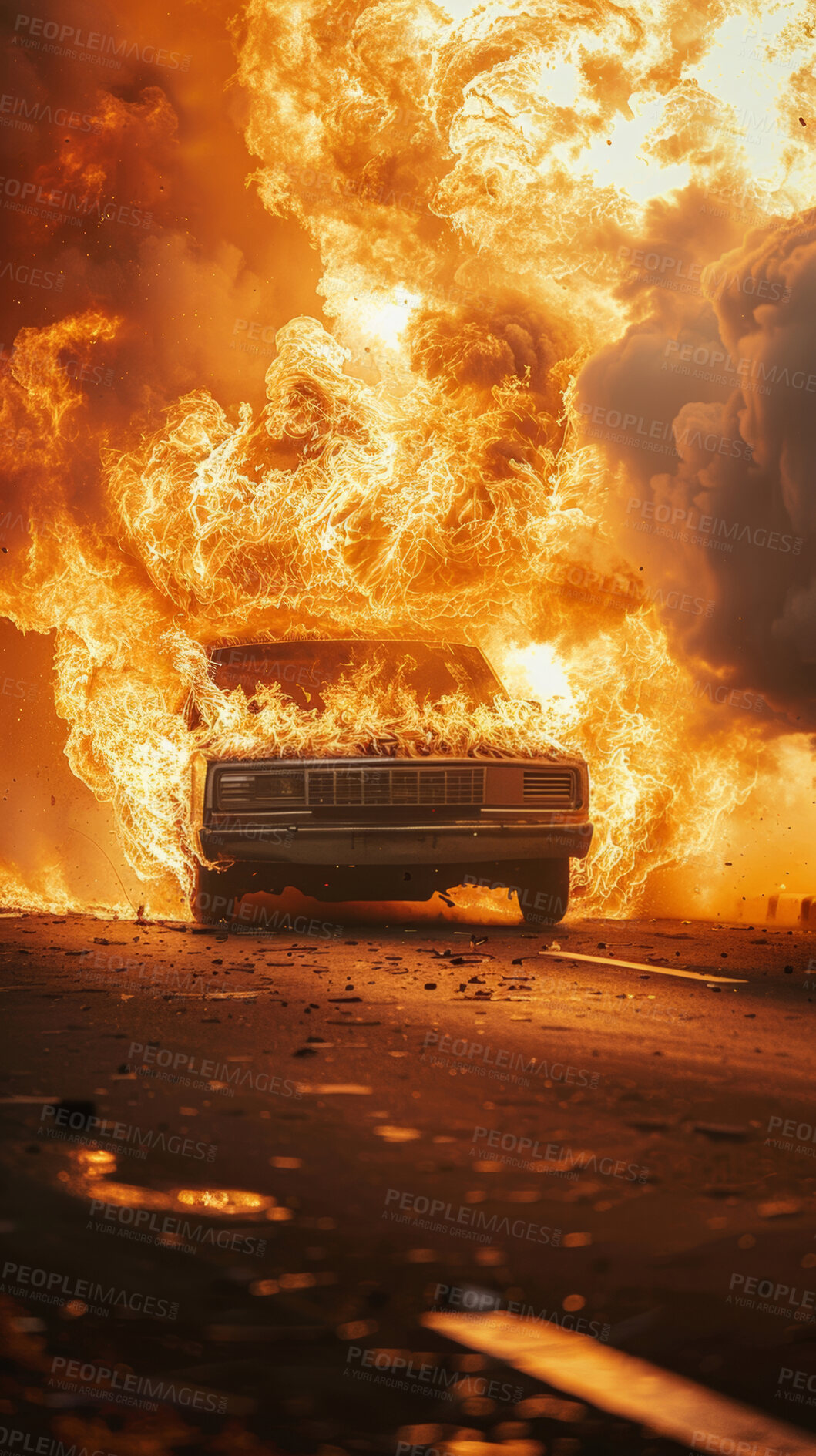 Buy stock photo Car, explosion and smoke in disaster, flames or apocalypse in bombing with fire, riot and danger in city. Inferno, vehicle and burning in highway in terrorist, attack and destruction in World War