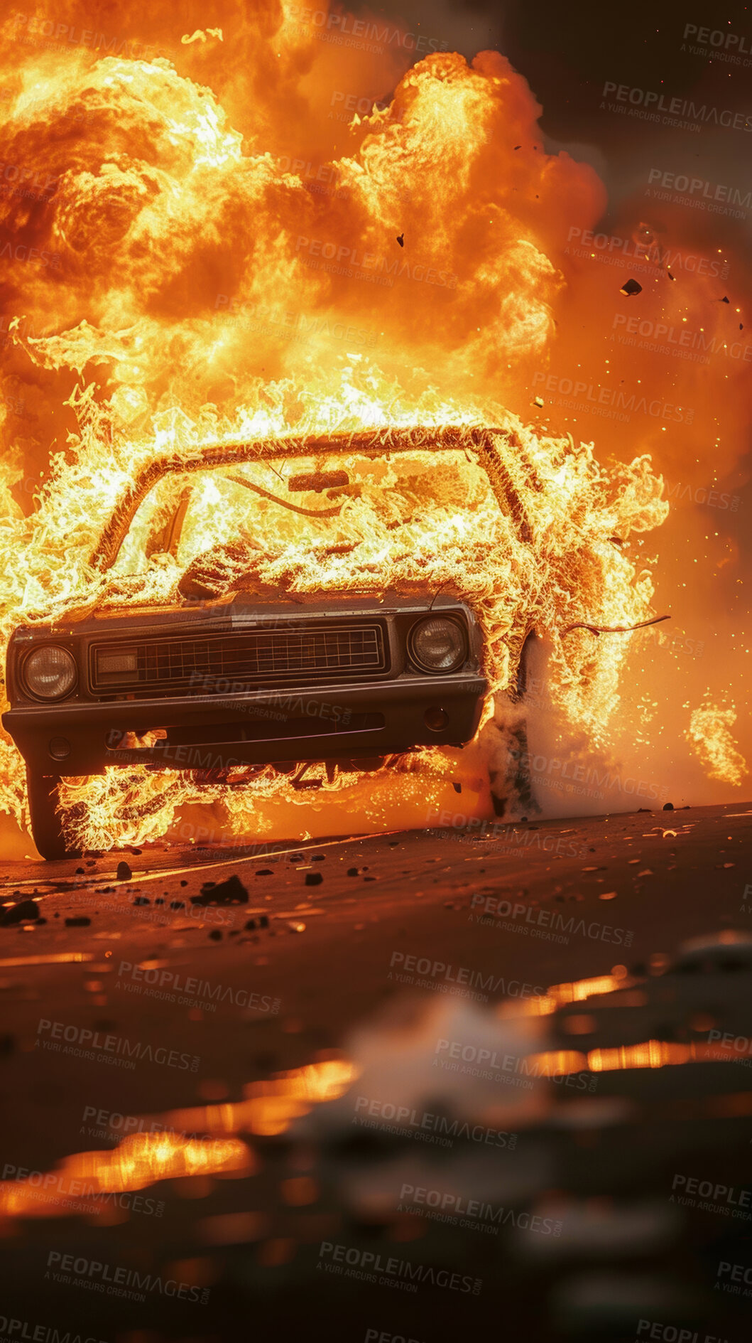 Buy stock photo Car, explosion and smoke in disaster, flames or apocalypse in bombing with fire, riot and danger in city. Inferno, vehicle and burning in highway in terrorist, attack and destruction in Ukraine