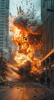 Explosion, destruction and armageddon in city from nuclear attack with fire and smoke for abstract background. War, flame and bomb impact in urban street with death, burning from atom weapon