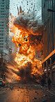 Explosion, destruction and armageddon in city from nuclear attack with fire and smoke for abstract background. War, flame and bomb impact in urban street with death, burning from atom weapon
