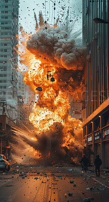 Buy stock photo Explosion, destruction and armageddon in city from nuclear attack with fire and smoke for abstract background. War, flame and bomb impact in urban street with death, burning from atom weapon