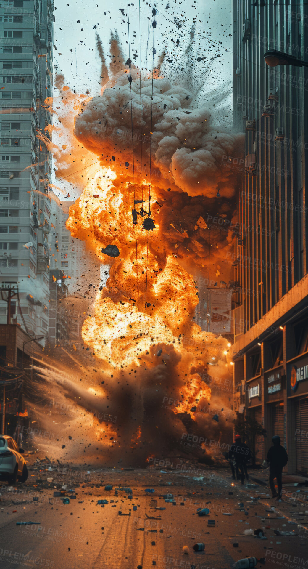 Buy stock photo Explosion, destruction and armageddon in city from nuclear attack with fire and smoke for abstract background. War, flame and bomb impact in urban street with death, burning from atom weapon