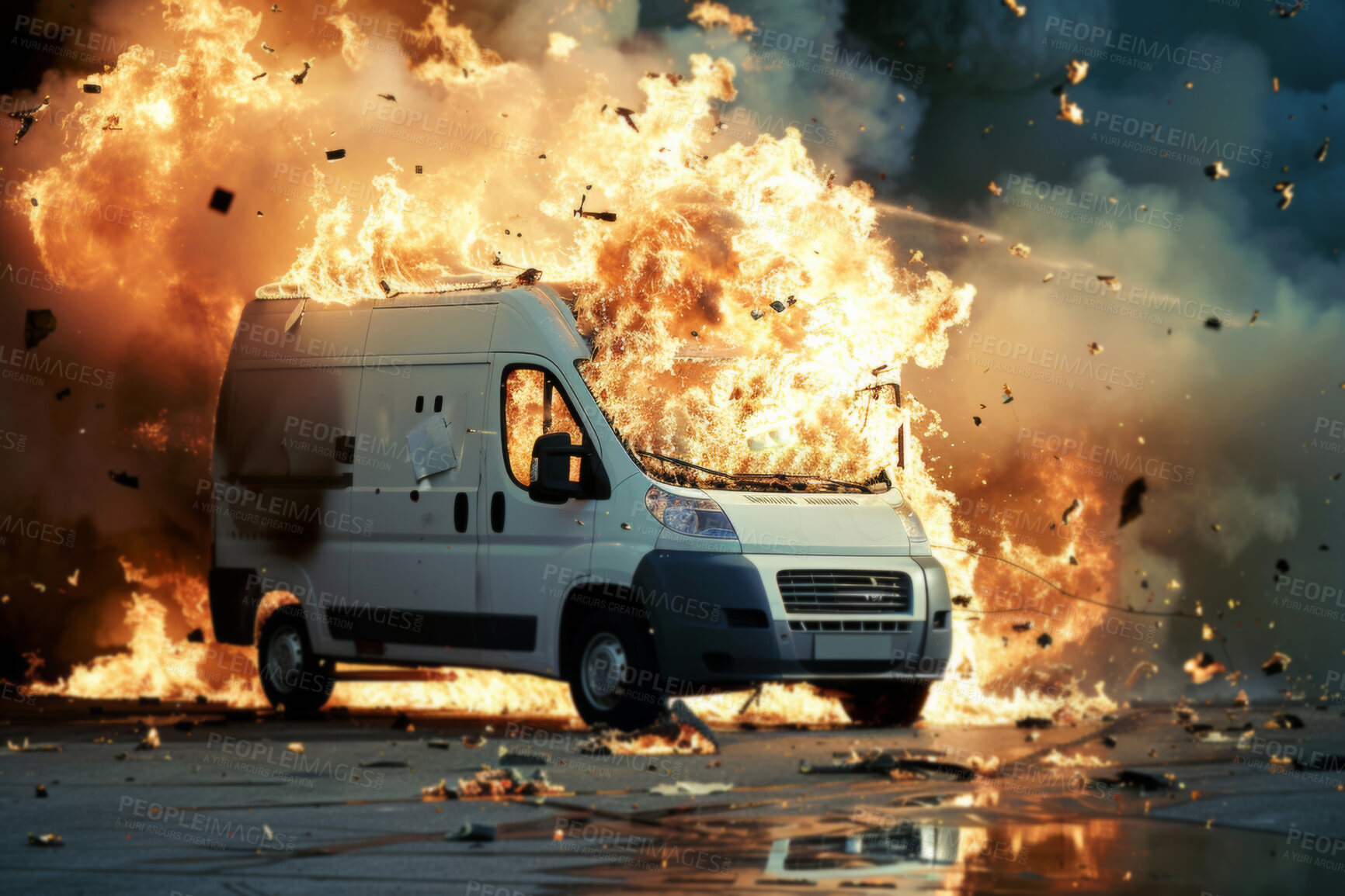 Buy stock photo Van, explosion and smoke in disaster, flames or apocalypse in bombing with fire, riot and danger in city. Inferno, vehicle and burning in highway in conflict, attack and destruction in Ukraine at war