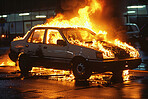 Car, explosion and apocalypse in disaster, flames or smoke in bombing with fire, riot and danger in city. Inferno, vehicle and burning in highway in conflict, attack and destruction in World War