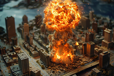 Fire, city and explosion for armageddon, destruction and burning energy with smoke. Inferno, fireball and thermal glow with orange flare, background or fuel for hell flame or chaos disaster wallpaper