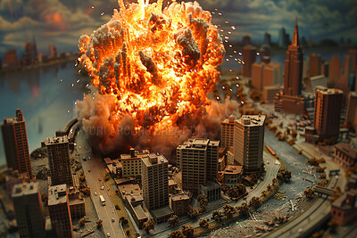 Explosion, destruction and mushroom cloud in city from nuclear rocket with fire and smoke for abstract background. War, flame and bomb impact on skyline for apocalypse, burning from atom missile