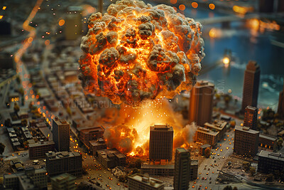 Explosion, destruction and mushroom cloud in city from nuclear rocket with fire and smoke for abstract background. World war, flame and bomb impact on skyline with disaster, burning from atom weapon