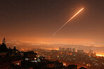 Night, light and meteor as shooting star with city view, red sky and fireball falling from atmosphere in Los Angeles. Science, galaxy and cosmic with nature, universe and futuristic with firework