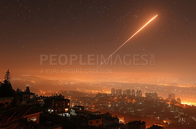 Night, light and meteor as shooting star with city view, red sky and fireball falling from atmosphere in Los Angeles. Science, galaxy and cosmic with nature, universe and futuristic with firework