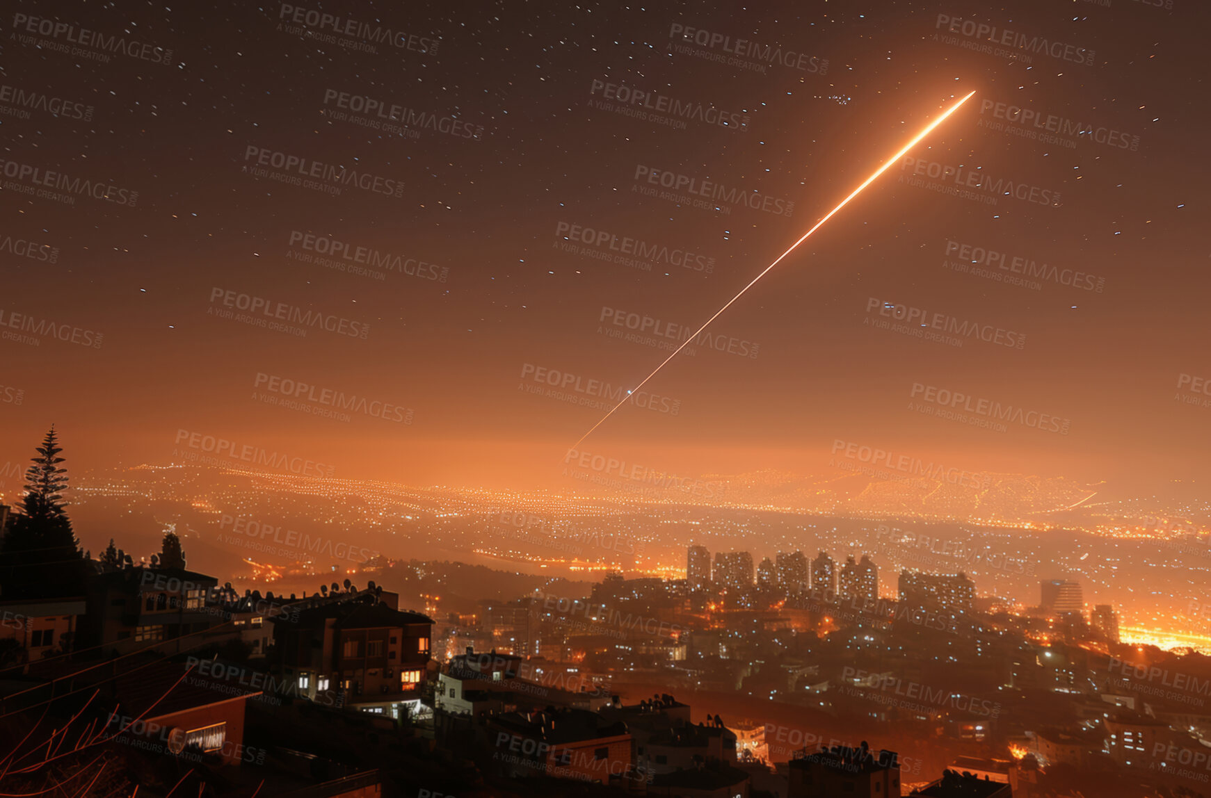 Buy stock photo Night, light and meteor as shooting star with city, red sky and fireball falling from atmosphere in Los Angeles. Science, galaxy and cosmic with nature, universe and futuristic with firework