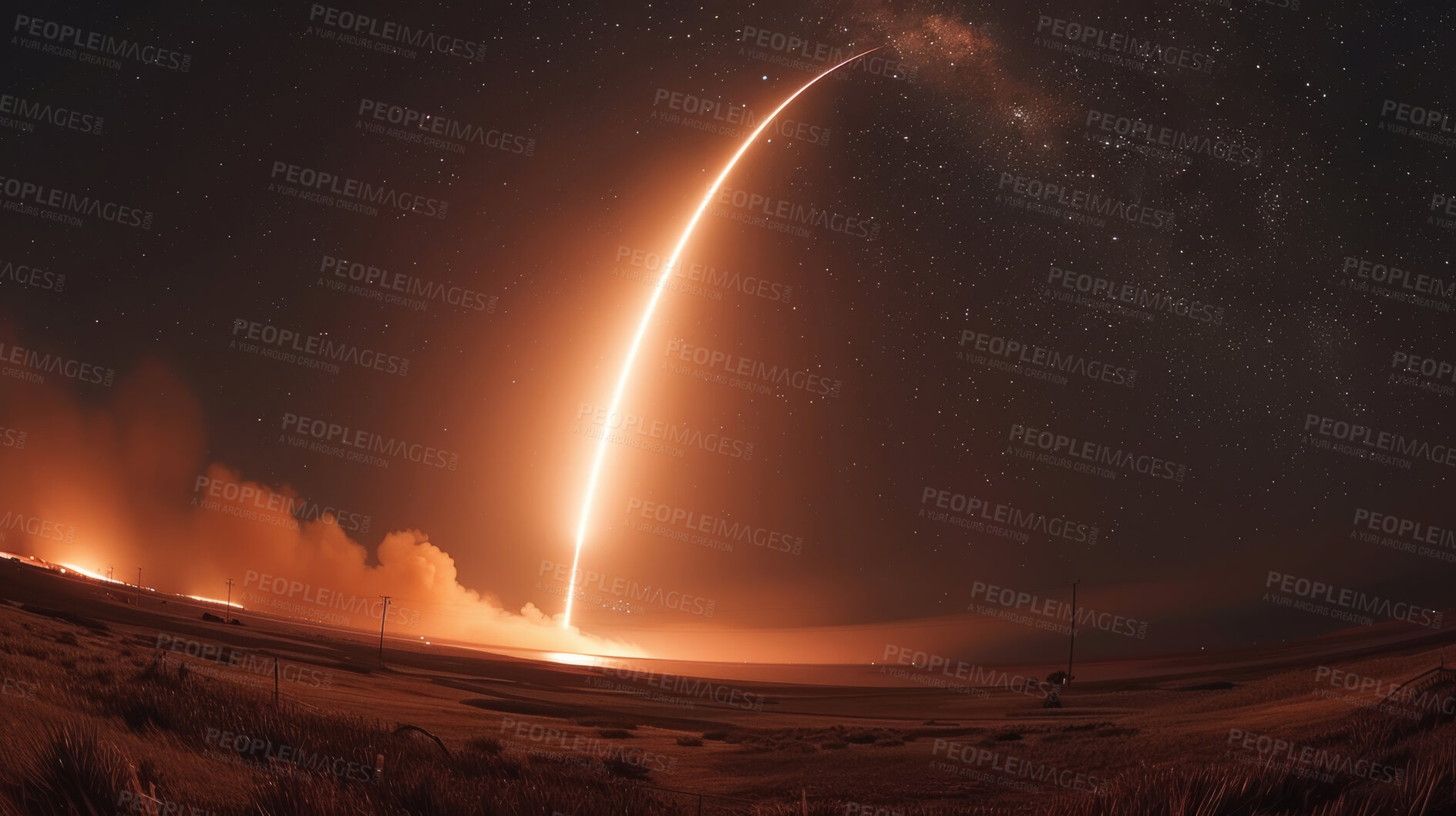 Buy stock photo Night, light and meteor as shooting star with smoke or red sky, fireball and falling from atmosphere in Dubai. Science, galaxy and cosmic with nature for wallpaper, futuristic and  wish or fireworks