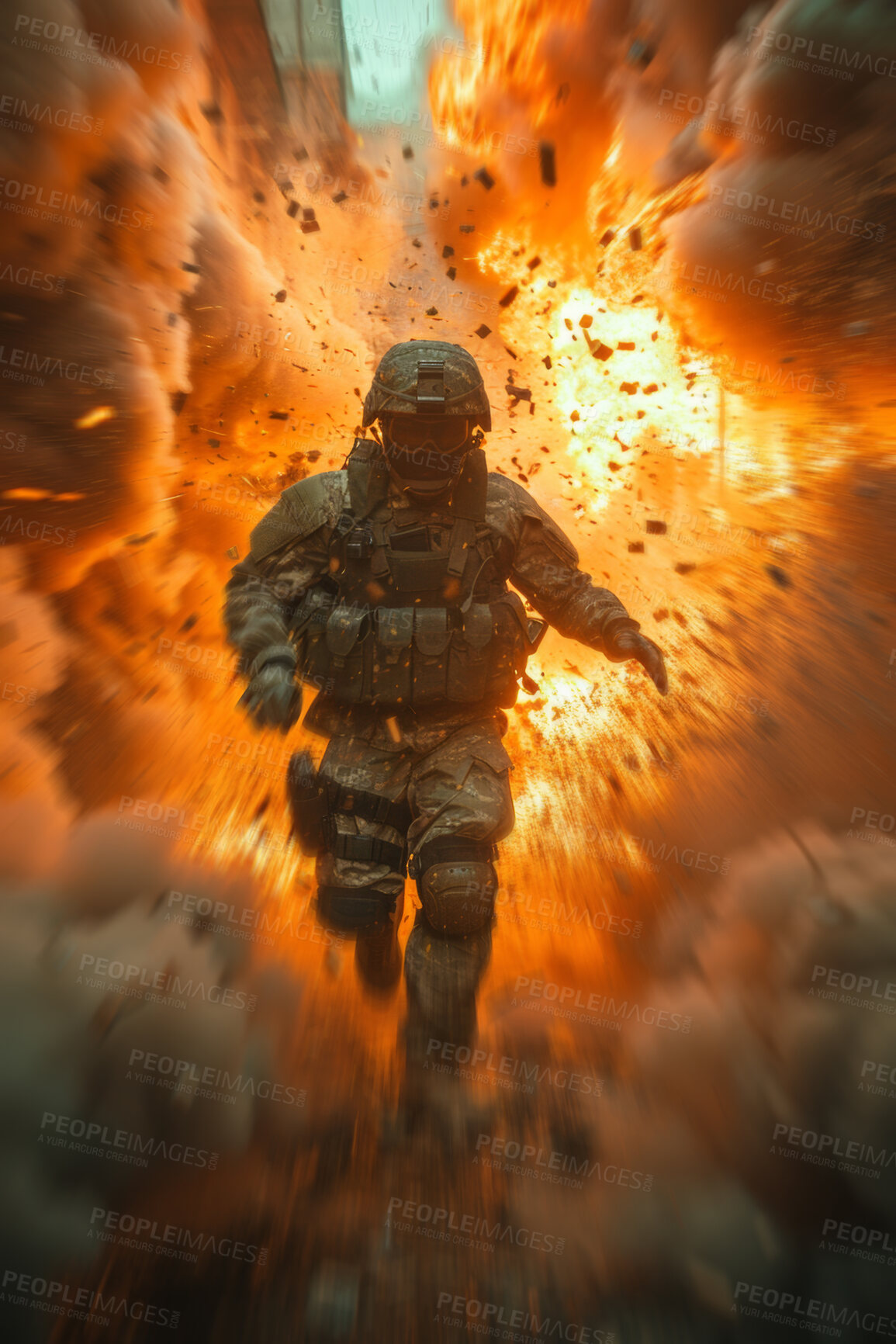 Buy stock photo Soldier, explosion and fire from bomb in war with battle or apocalypse with smoke by nuclear missile attack. Military, warrior and run to safety from atomic danger with rocket launch in Ukraine